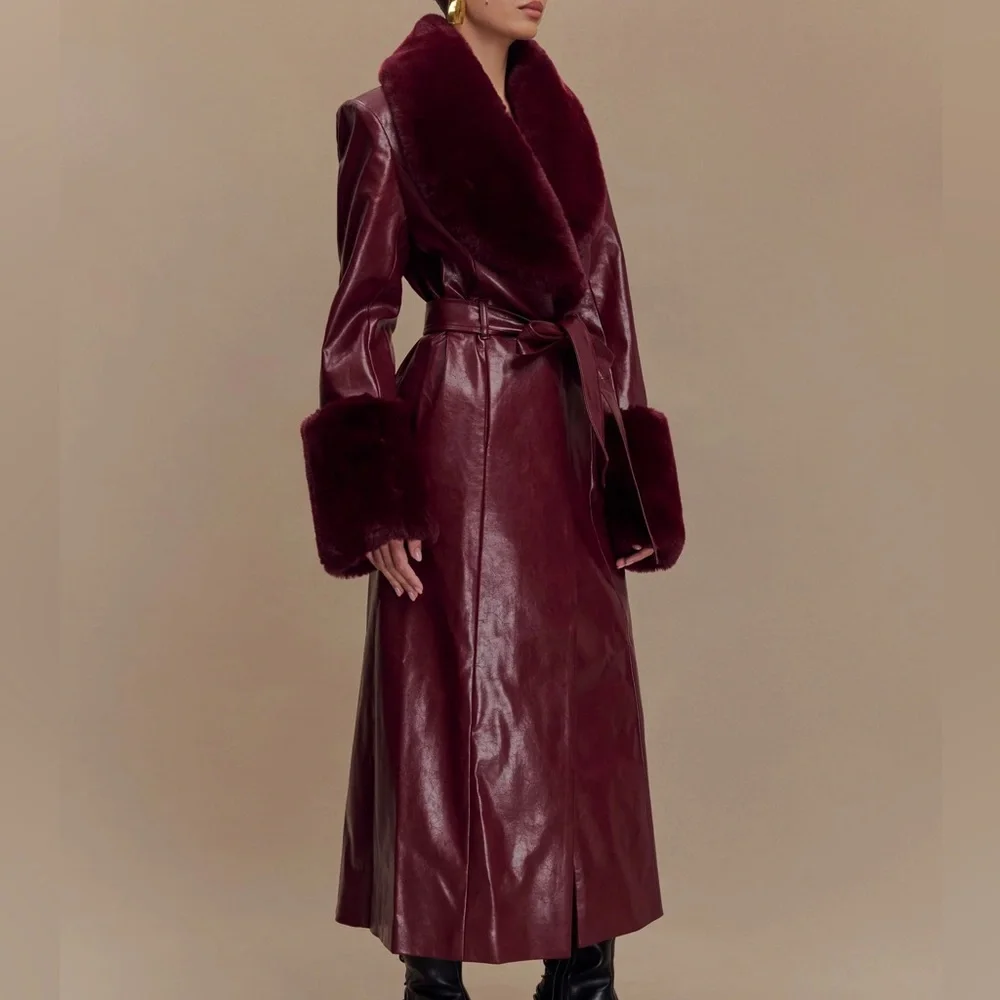 Meshki - BEC Faux Leather Trench Coat With Faux Fur (Cherry Red) - Picture 3 of 5